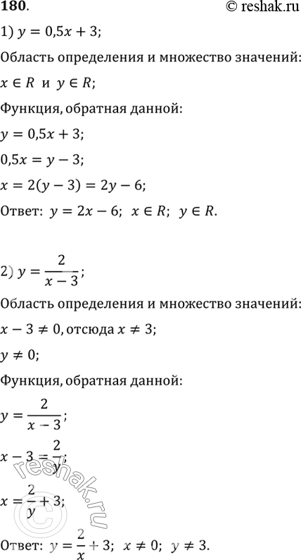 Изображение 180 Найти функцию, обратную данной, её область определения и множество значений:  1) y = 0,5х + 3;	  2) у =2/(x-3);  3) у = (х + 2)3;	  4) y =...