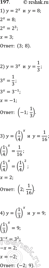 Изображение 197 Найти координаты точки пересечения графиков функций:  1) y=2x и y=8;  2) y=3x и y=1/3;  3) y=(1/4)x и y=1/16;  4) y=(1/3)x и...