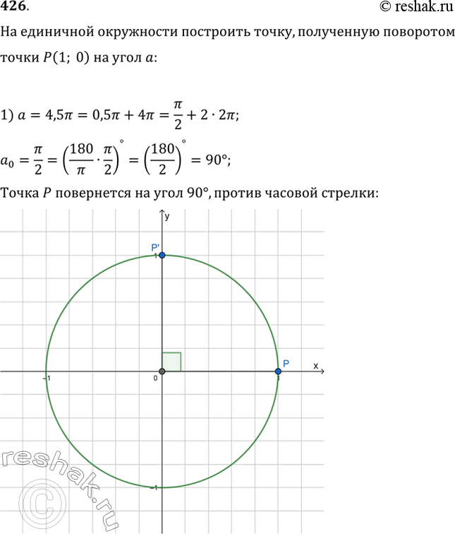 Изображение 426 На единичной окружности построить точку, полученную поворотом точки Р (1; 0) на угол:  1) 4,5пи;  2) 5,5пи;  3) -6пи;  4)...