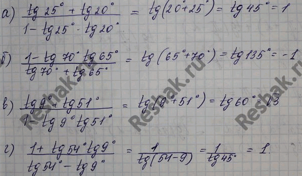 Изображение a) (tg 25° + tg 20°)/(1 - tg 25°tg 20°); б) (tg 9° + tg 51°)/(1 - tg 9°tg 51°); в) (1 - tg 70°tg 65°)/(tg 70° + tg 65°); г) (1+ tg 54° tg 9°)/(tg 54° - tg...