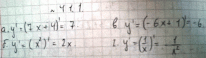 Изображение Найдите производную функции: a) у = 7х + 4;	 б) у = х2;	 в) у = -6x + 1; г) у =...