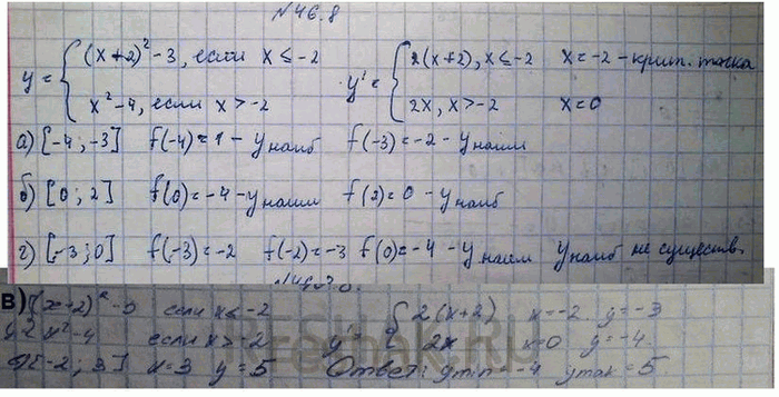 Изображение Найдите наибольшее и наименьшее значения функции  y = (x + 2)2 - 3, если х =< -2,     х2 - 4, если х > -2. на отрезке: a) [-4; -3];  б) [0; 2];  в) [-2; 3];  г) [-3;...