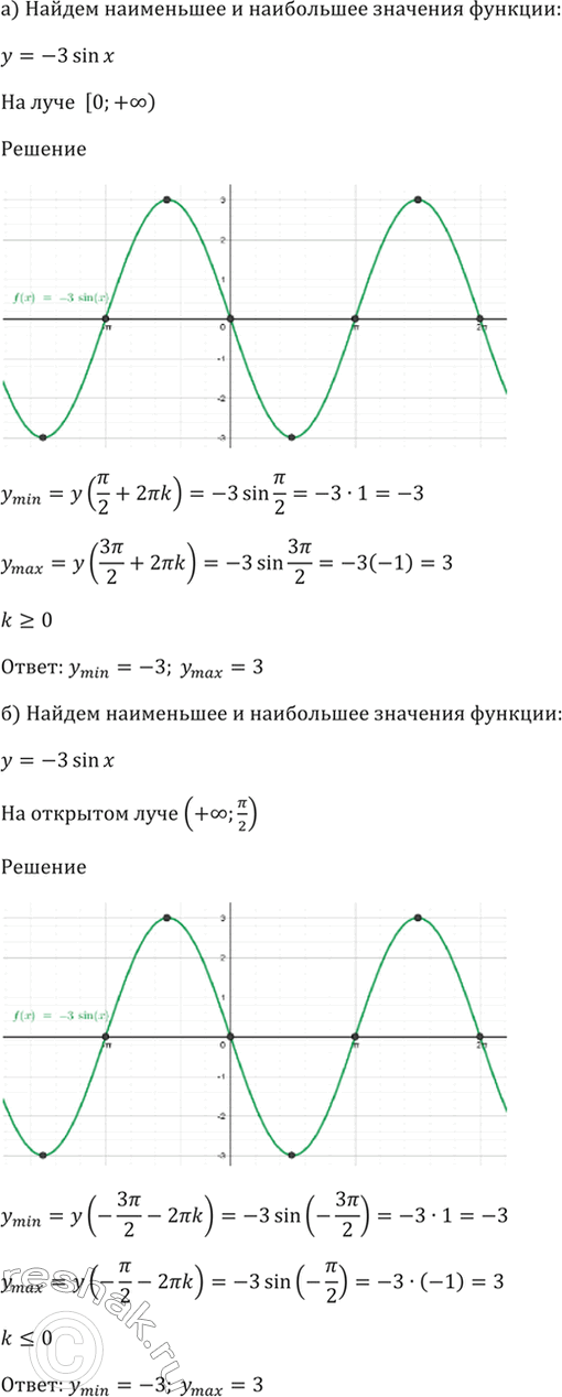 Изображение 13.4 Найдите наибольшее и наименьшее значения функции у = -3sin x:  а) на луче [0; +бесконечность);   б)...
