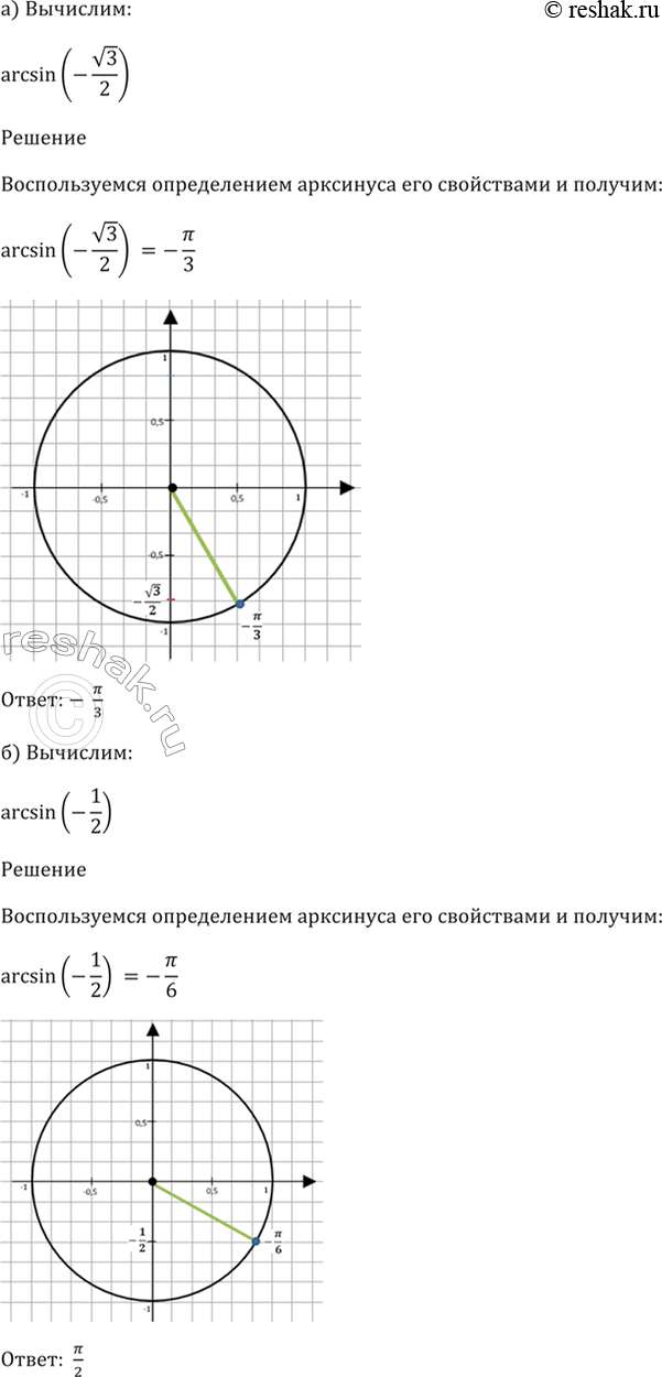 Изображение 16.2  а) arcsin (-корень(3)/2);  б) arcsin (-1/2);  в) arcsin (-1);  г) arcsin...