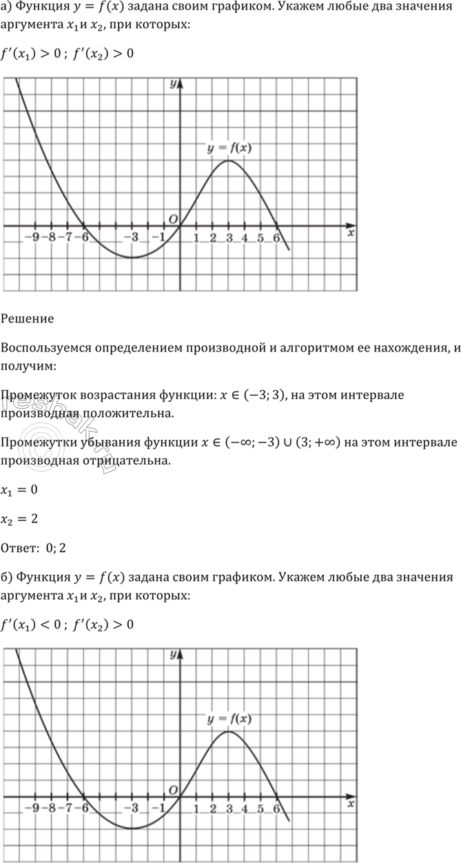 Изображение 27.9 Функция у = f(x) задана своим графиком (рис. 39).   Укажите любые два значения аргумента x1 и х2,...