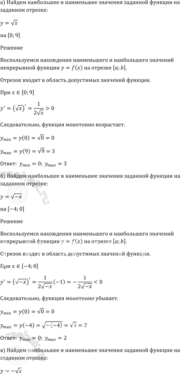 Изображение 32.4   а) у = корень(x), [0; 9];  б) у = корень(-x), [-4; 0];  в) y = -корень(х), [4; 16];  г) y = -корень(-x), [-9;...