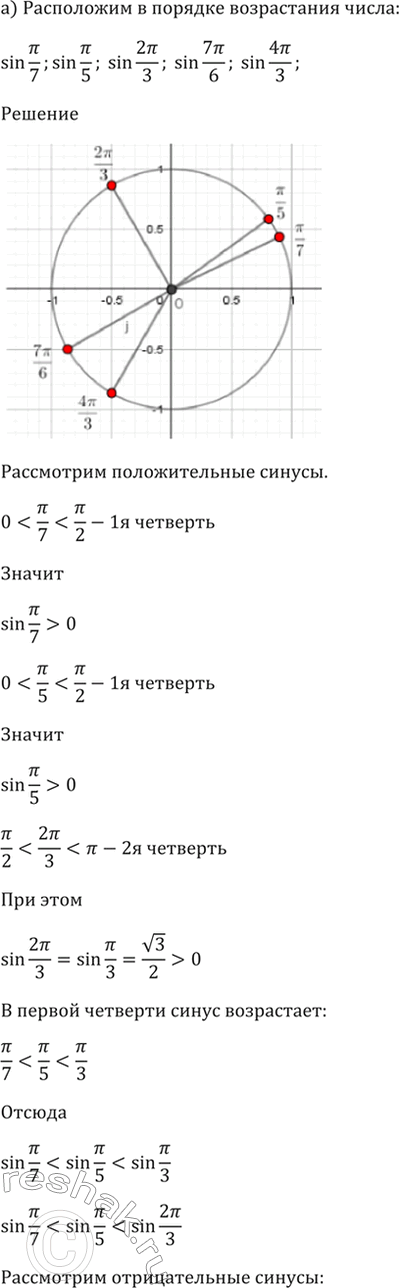 Изображение 6.40 Расположите в порядке возрастания числа:  а) sin(пи/7), sin(пи/5), sin(2пи/3), sin(7пи/6), sin(4пи/3);  б) cos(пи/8), cos(пи/3), cos(5пи/6), cos(5пи/4),...