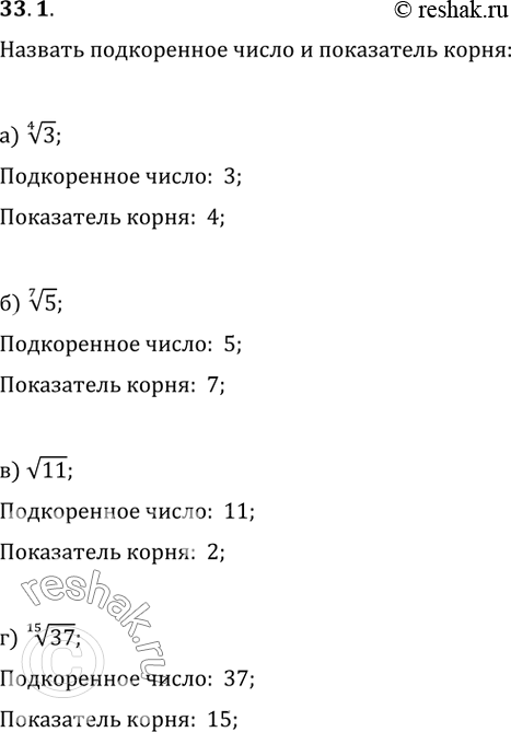 Изображение 33.1 Назовите подкоренное число и показатель корня:  а) (4)корень(3);   б) (7)корень(5);   в) корень(11);   г)...