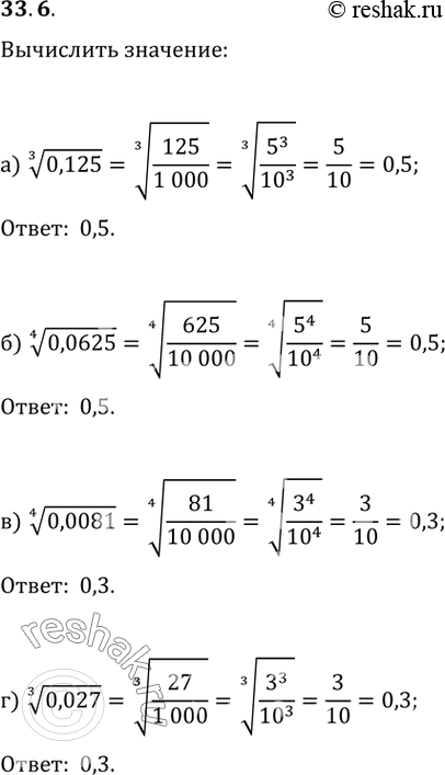 Изображение 33.6  а) (3)корень(0,125);  б) (4)корень(0,0625);   в) (4)корень(0,0081);  г)...