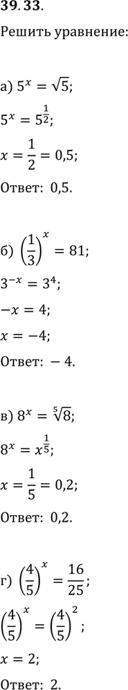 Изображение 39.33   а) 5^x = корень(5);  6) (1/3)^x = 81;  в) 8^х = (5)корень(8);  г) (4/5)^x =...