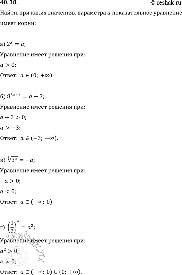 Изображение 40.38 Найдите, при каких значениях параметра а показательное уравнение имеет корни:  а) 2^x = a;  б) 8^(3x + 1) = a + 3;  в) (3)корень(3^x) = -a;  г) (1/2)^x =...