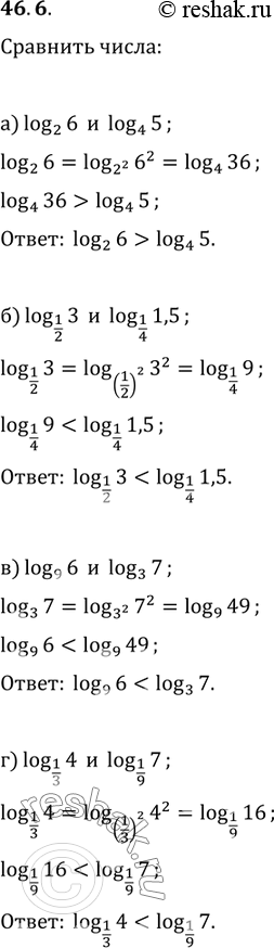 Изображение 46.6   a) log2 6 и log4 5;  б) log1/2 3 и log1/4 1,5;  в) log9 6 и log3 7;  г) log1/3 4 и log1/9...