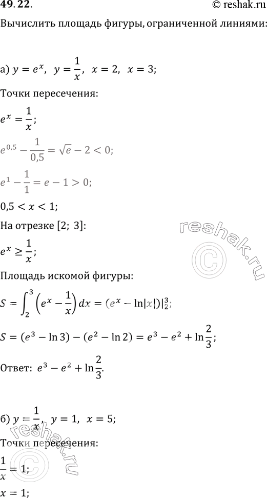 Изображение 49.22   а) у = е^х, у = 1/x, х = 2, х = 3;   б) у = 1/x, у = 1, x = 5;  в) у = корень(x), y = 1/x, х = 4;  г) y = -1/x, y = -1, x =...