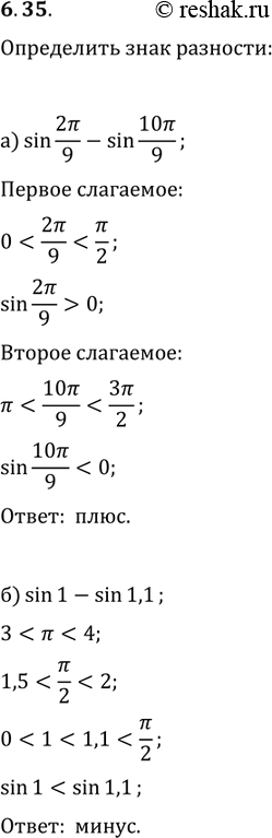Изображение 6.35 Определите знак разности:  а) sin(2пи/9) - sin(10пи/9);  б) sin(1) - sin(1,1);  в) sin(15пи/8) - cos(пи/4);  г) cos(1) -...