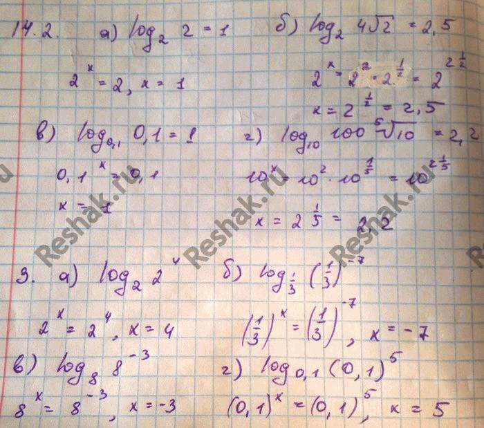 Изображение 14.2 а)log 2 (2) =1; б)log 2 (4) корень 2=2,5; в)log 0,1(0,1)=1; г)lg100 корень 5 степени...