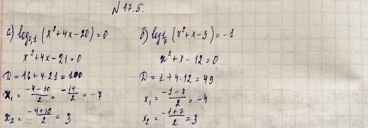 Изображение 017.5. а)	log 0,1 (x2 + 4x - 20) = 0; б)	log 1/7 (x2 + x - 5) = -1;    в)	log7 (x2 - 12x + 36) = 0; г)	log1/3 (x2 + 3x - 1) =...