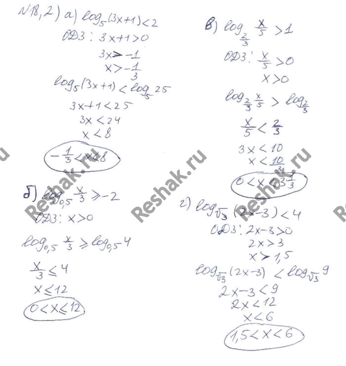 Изображение 18.2. a)	log5(3x + 1) < 2;	       в) log2/3(x/5) > 1;   6)	log0,5(x/3) больше или равно -2;	г) log корень 3(2x - 3) <...