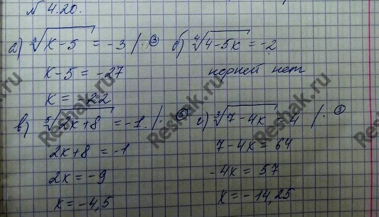 Изображение 4.20. а)	корень 3 степени из х - 5 = -3;	в)	корень 5 степени из 2х + 8 = -1; б)	корень 4 степени из 4 - 5х = -2;	г)	корень 3 степени из 7 - 4х =...