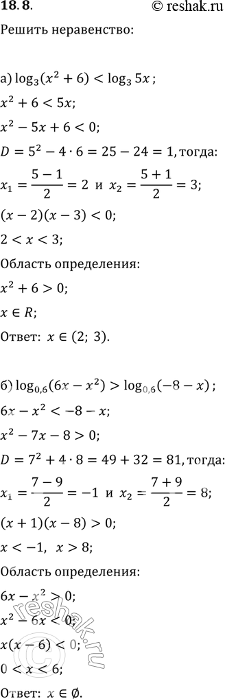 Изображение Решите неравенство: 18.8. a) log3 (х2 + 6) < log3(5x); б)	log 0,6 (6x -	х2) > log 0,6 (-8	-	х); в)	lg (х2 - 8)	меньше или равно  lg...