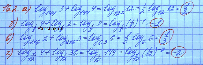 Изображение 16.2 а)log144(3)+log144(4);   в)log216(2)+log216(3); б)log1/8(4)+log1/8(2);       ...