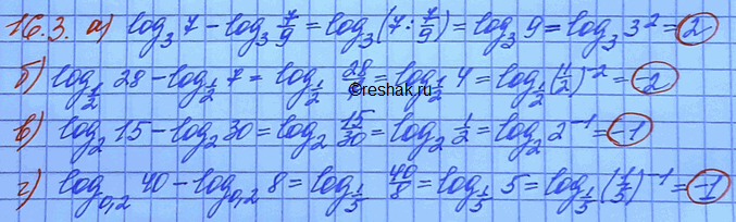 Изображение Вычислите:  16.3 а)log3(7) - log3(7/9);	в)	log2(15) - log2(30); б)log1/2(28) - log1/2(7);	r)	log0,2(40) -...