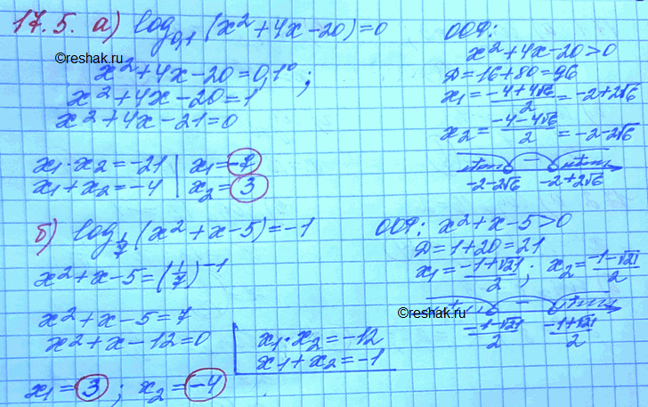 Изображение 017.5. а)	log 0,1 (x2 + 4x - 20) = 0; б)	log 1/7 (x2 + x - 5) = -1;    в)	log7 (x2 - 12x + 36) = 0; г)	log1/3 (x2 + 3x - 1) =...