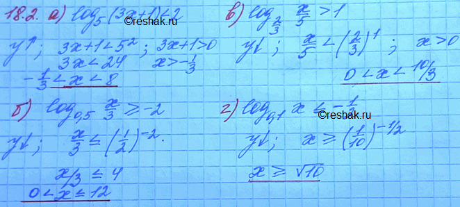 Изображение 18.2. a)	log5(3x + 1) < 2;	       в) log2/3(x/5) > 1;   6)	log0,5(x/3) больше или равно -2;	г) log корень 3(2x - 3) <...