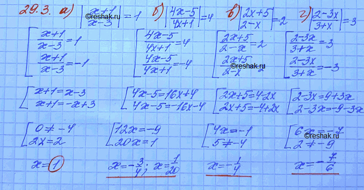 Изображение 29.3 а)|(x+1)/(x-3)| =1; в)|(2x+5)/|2-x|=2; б)|(4x-5)/(4x+1)|=4;       г)|(2-3x)/(3+x)| =...