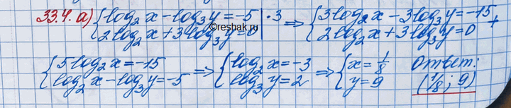 Изображение 33.4. Решите систему уравнений методом алгебраического сложения: а)система log2(x) - log3(y)=-5, 2log2(x) +...