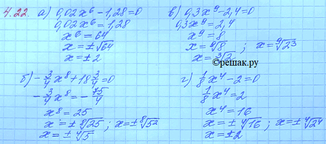 Изображение 4.22. а)	0,02х6 - 1,28	= 0;в)	0,3х9 - 2,4 = 0; б)	-3/4x8 + 18 3/4	0;	Г)	1/8х4 -2 =...