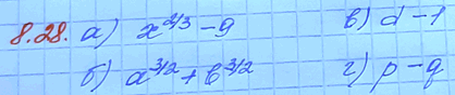Изображение 8.28 а) (x1/3+3)(x1/3 - 3); б)(a1/2+b1/2)(a-a1/2b1/2+b); в)(d1/2-1)(d1/2+1); г)(p1/3-q1/3)(p2/3+(pq)1/3 +...
