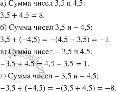 Изображение Используя термины «сумма» и «разность», прочитайте выражение и найдите его значение:  1.1. а) 3,5 + 4,5;   б) 3,5 + (-4,5);  в) -3,5 + 4,5;  г) -3,5 +...