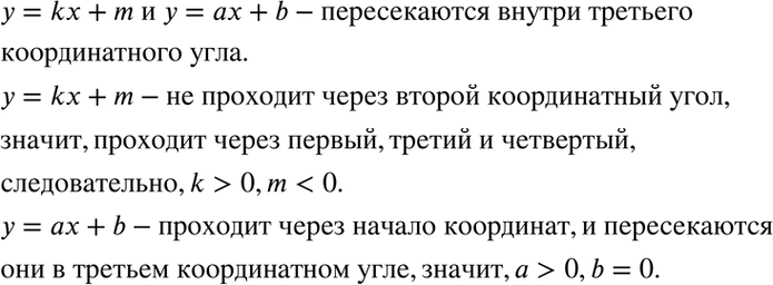Изображение Графики линейных функций y = kx + m и y = ах + b пересекаются в точке, лежащей внутри третьего...