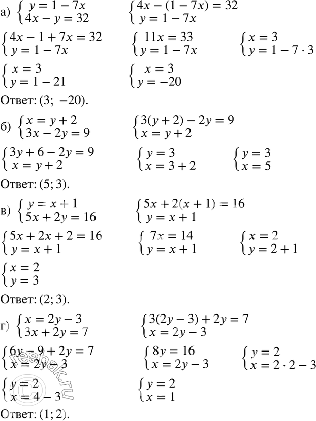 Изображение Решите систему уравнений методом подстановки:  а) система  y=1-7x,  4x-y=32;  б) система  x=y+2,  3x-2y=9;  в) система  y=x+1,  5x+2y=16;  г) система  x=2y-3, ...