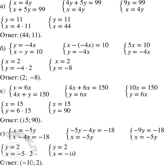 Изображение а) система  x=4y,  x+5y=99;  б) система  y=-4x,  x-y=10;  в) система  y=6x,  4x+y=150;  г) система  x=-5y, ...