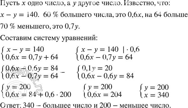 Изображение Одно число на 140 меньше другого; 60% большего числа на 64 больше 70 % меньшего. Найдите эти...