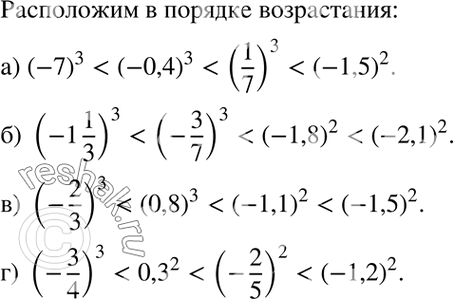 Изображение Не производя вычислений, расположите в порядке возрастания следующие числа:  а) (-0,4)3,...