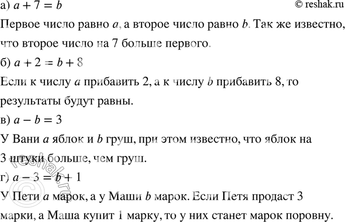 Изображение 3.31. а) a + 7 = b;	  б) а +	2 = b + 8;	  в) а - b = 3;  г) а-3 = b + 1.    а)  a+7=b  	У Маши a яблок и b груш.  	Число a на 7...