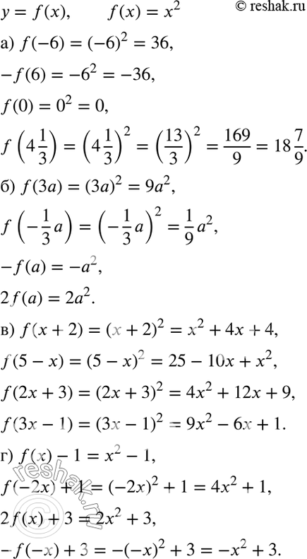 Изображение Дана функция у = f(x), где f(x) = х2. Найдите:  а) f(-6), -f(6), f(0), f(4*1/3);  б) f(3a), f(-1a/3), -f(a), 2f(a);  в) f(x + 2), f(5 - х),...