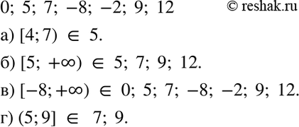 Изображение 5.28. Какие из чисел 0, 5, 7, -8, -2, 9, 12 принадлежат промежутку:  а) [4; 7); б) [5; +бесконечность); в) [-8; +бесконечность); г) (5;...
