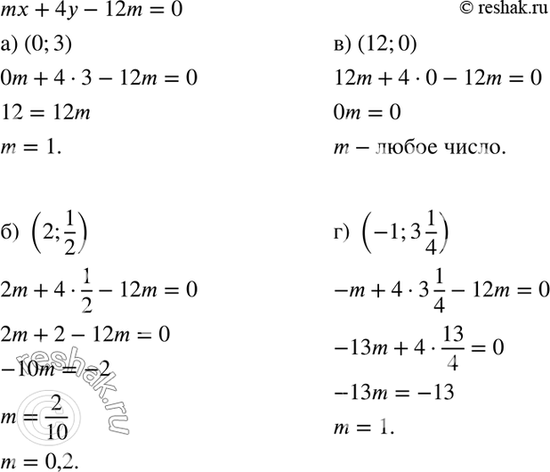 Изображение При каком значении m решением уравнения mх + 4у - 12m = 0 является пара чисел:  а) (0; 3);	б) (2;1/2);	в) (12; 0);	г)...