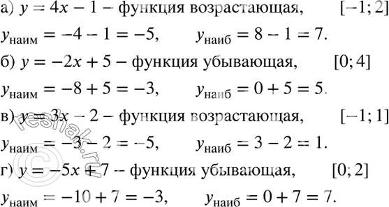 Изображение а) у = 4х - 1, [-1; 2];	  б) у = -2х + 5, [0; 4];	  в) у = 3х - 2, [-1; 1];  г) у = -5х + 7, [0;...