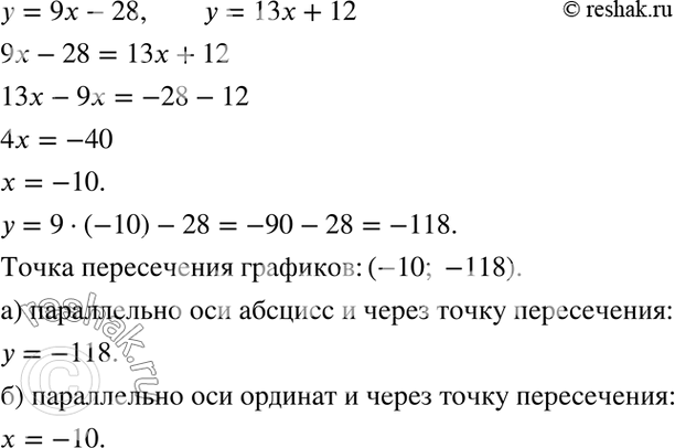 Изображение Составьте уравнение прямой, проходящей через точку пересечения графиков линейных функций у = 9х - 28 и у = 13х + 12 параллельно:  а) оси абсцисс;	б) оси...