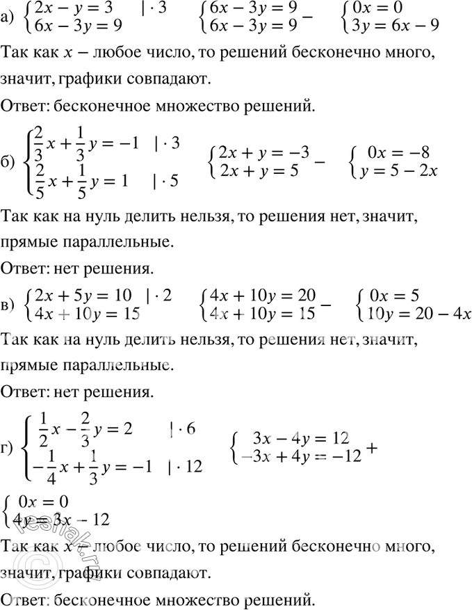 Изображение 89 а) система  2x-y=3,  6x-3y=9;  б) система  2x/3+1y/3=-1,  2x/5+1y/5=1;  в) система  2x+5y=10,  4x+10y=15;  г) система  1x/2-2y/3=2, ...