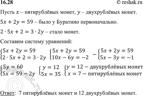 Изображение Буратино положил в копилку 59 р. пятирублёвыми и двухрублёвыми монетами. В течение...