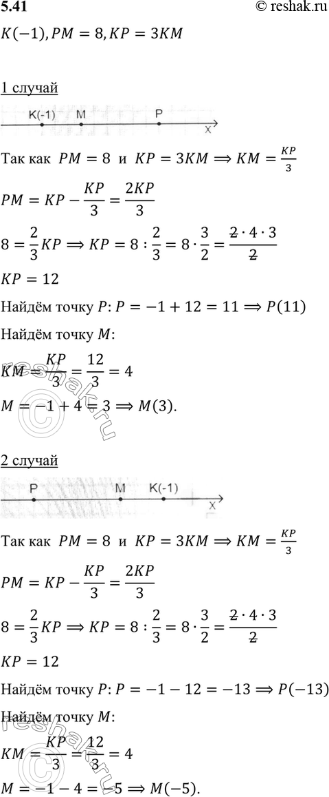 Изображение 5.41. Дана точка K(-1). Найдите координаты точек Р и М таких, что РМ = 8 и КР =...