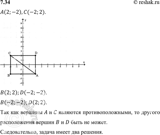 Изображение Известны координаты двух противоположных вершин квадрата ABCD: А(2; -2) и С(-2; 2). Найдите координаты двух других вершин. Сколько решений имеет...