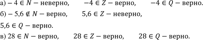 Изображение Верно ли, что:  а) -4 принадлежит N; -4 принадлежит Z; -4 принадлежит Q;  б) 5,6 не принадлежит N; 5,6...