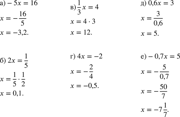 Изображение Решите уравнение:  а) -5x=16;  б) 2x=1/5;  в) 1/3*x=4;  г) 4x=-2;  д) 0,6x=3;  е)...