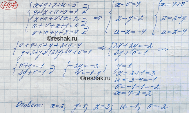 Изображение Решите систему уравнений:  системма  x + y + 2 + u= 5,   y + z + u +v  =1,  x + u + v + x=2,  u + v + x + y=0,  v + х + y + z =...